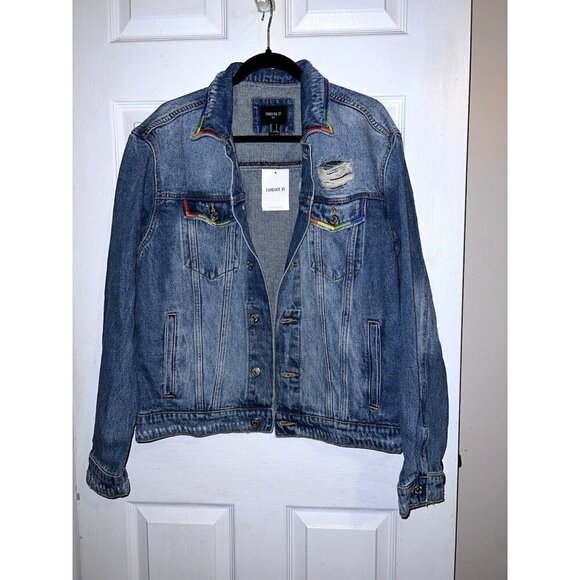 NWT FOREVER 21 Mens Rainbow Trim Distressed Denim Jean Jacket Size Small - Picture 2 of 11